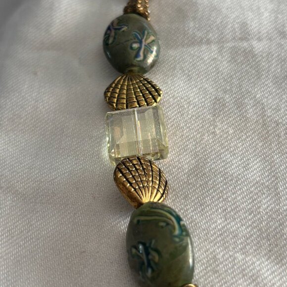 Boho Leaf Statement Necklace Green Beads Crystal Accents Nature Pendant - Picture 3 of 8